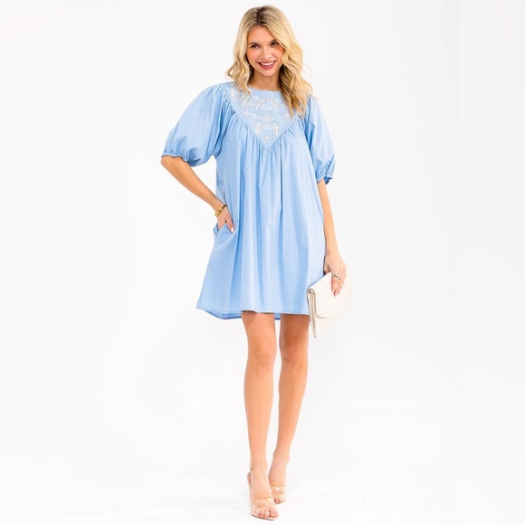 051 • Cornflower Blue Cotton Midi Dress | Boho Baby Doll Eyelet Wheat Embroidery - Picture 4 of 10